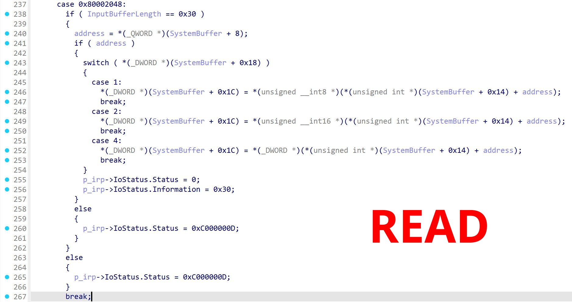 IDA decompilation of the memory read command