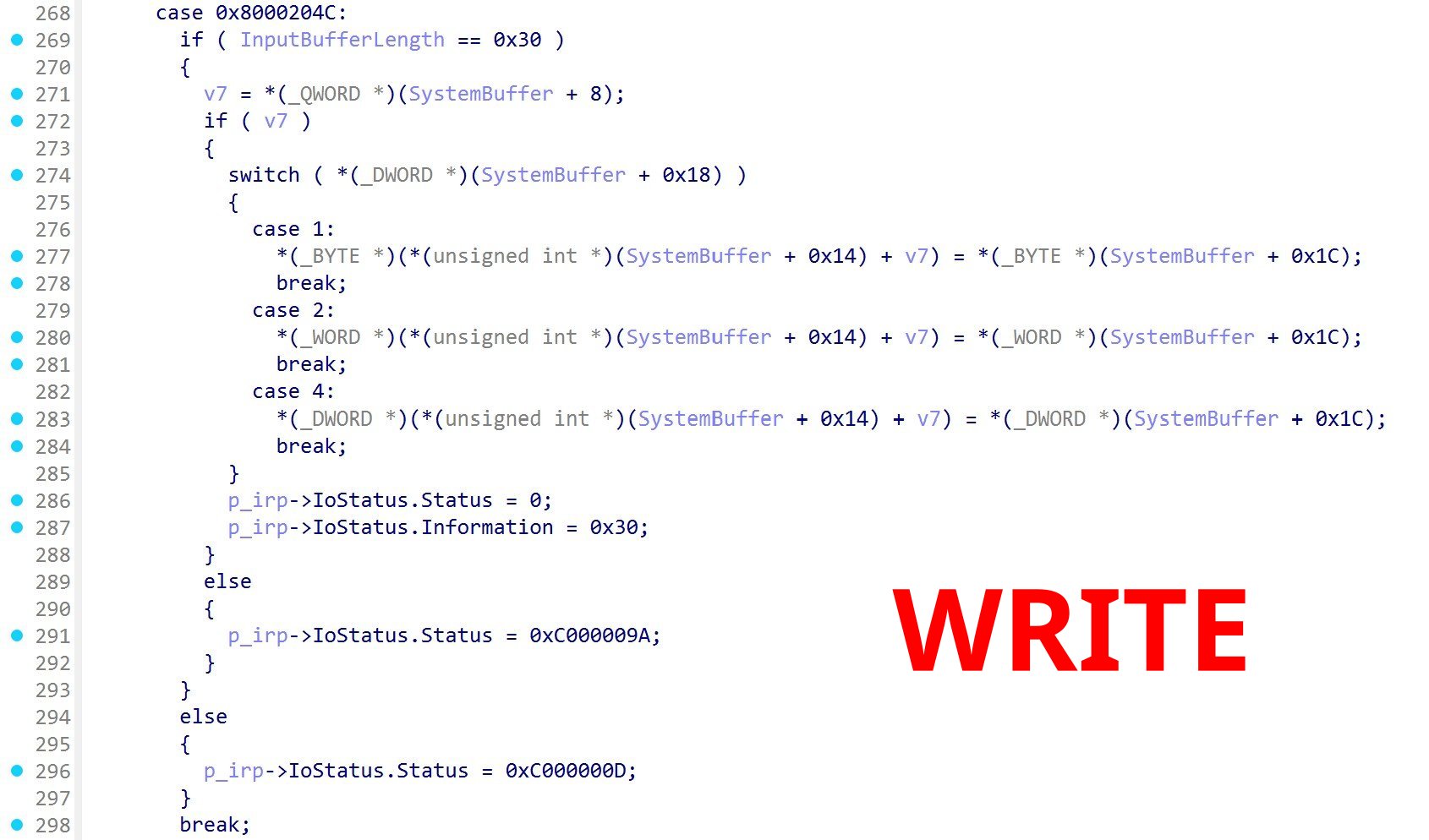 IDA decompilation of the memory write command